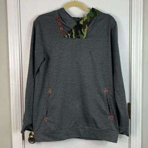 Taoniuchaopin dark grey long sleeved hooded sweatshirt with camo detail. 20.5”bt